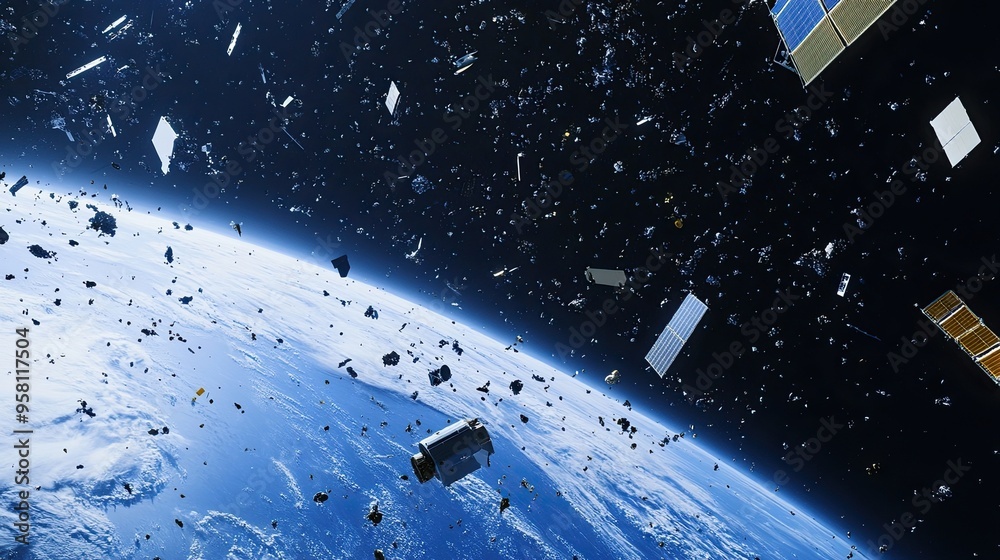 Artistic rendering of space debris field around Earth, depicting the accumulation of debris in orbit and its potential impact on space missions and satellite operations. Artistic rendering of space debris field around Earth, depicting the accumulation of debris in orbit and its potential impact on space missions and satellite operations.