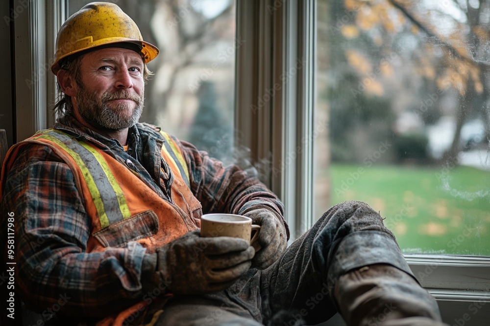 Fototapeta premium Construction Worker Sipping Coffee on Lunch Break Near Large Window