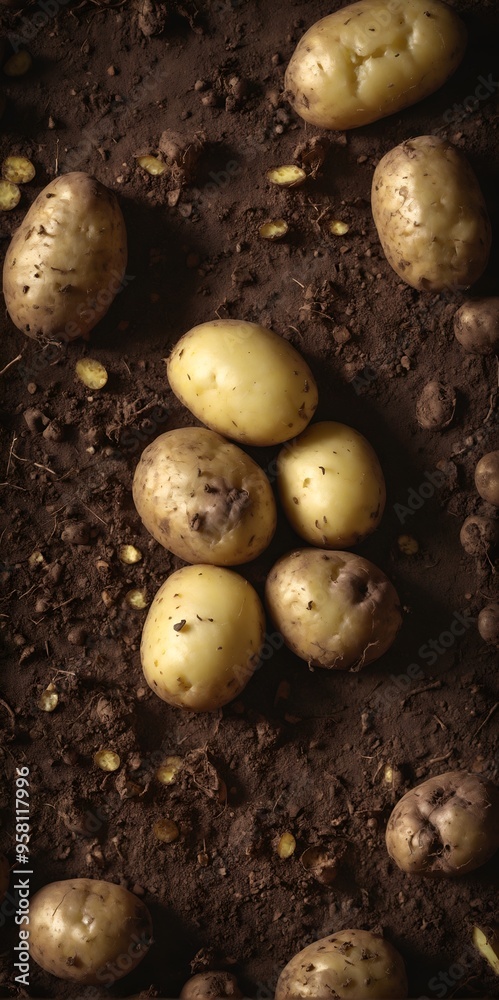 Raw potatoes from field on ground background. Top view flat lay.
