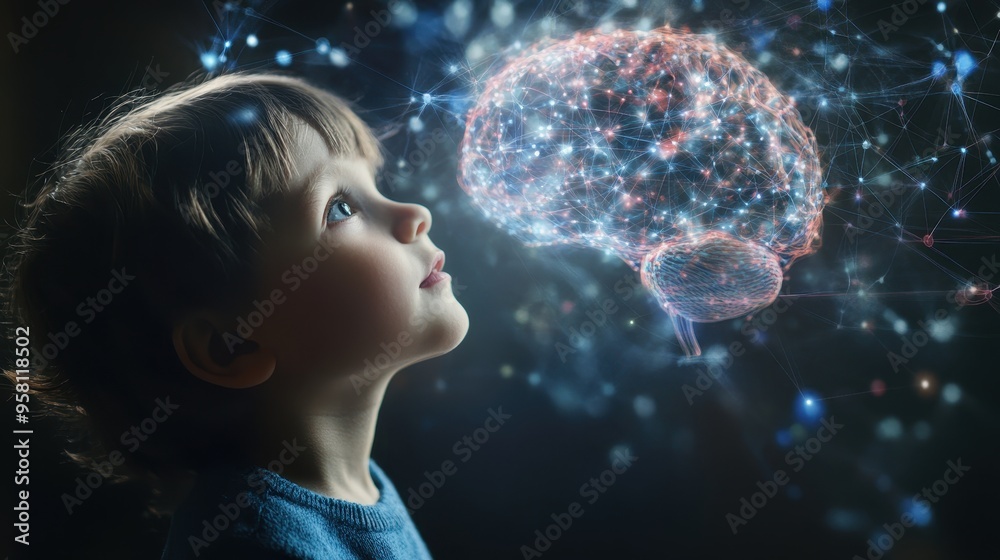 Naklejka premium Child's brain growth Early education approach Scientific visualization of mind development in children