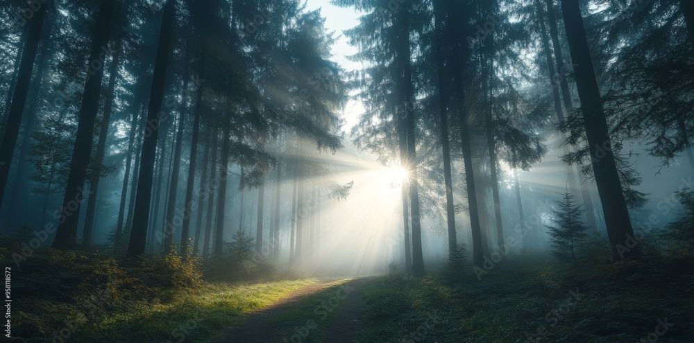 Fototapeta premium An Aerial shot of a scenic misty forest shot during the morning in sepia tones