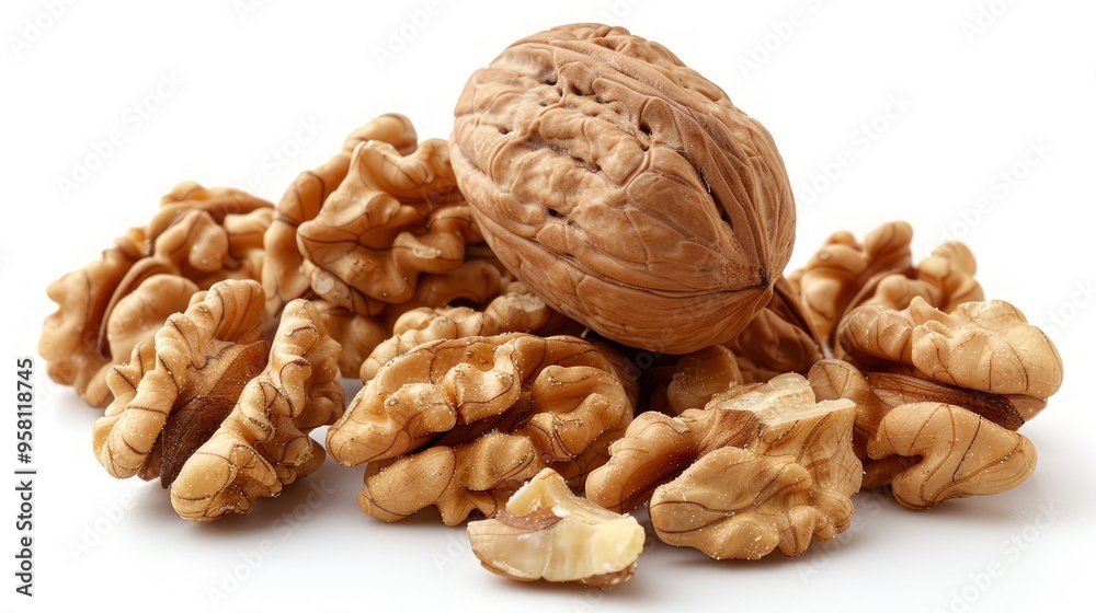 Delicious whole and broken walnuts, isolated on white background Delicious whole and broken walnuts, isolated on white background