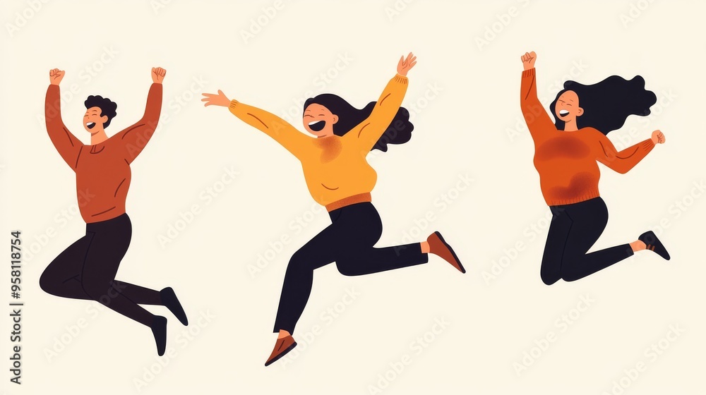 Four modern people posing, four jumping poses, captured mid-air with joyful expressions Four modern people posing, four jumping poses, captured mid-air with joyful expressions