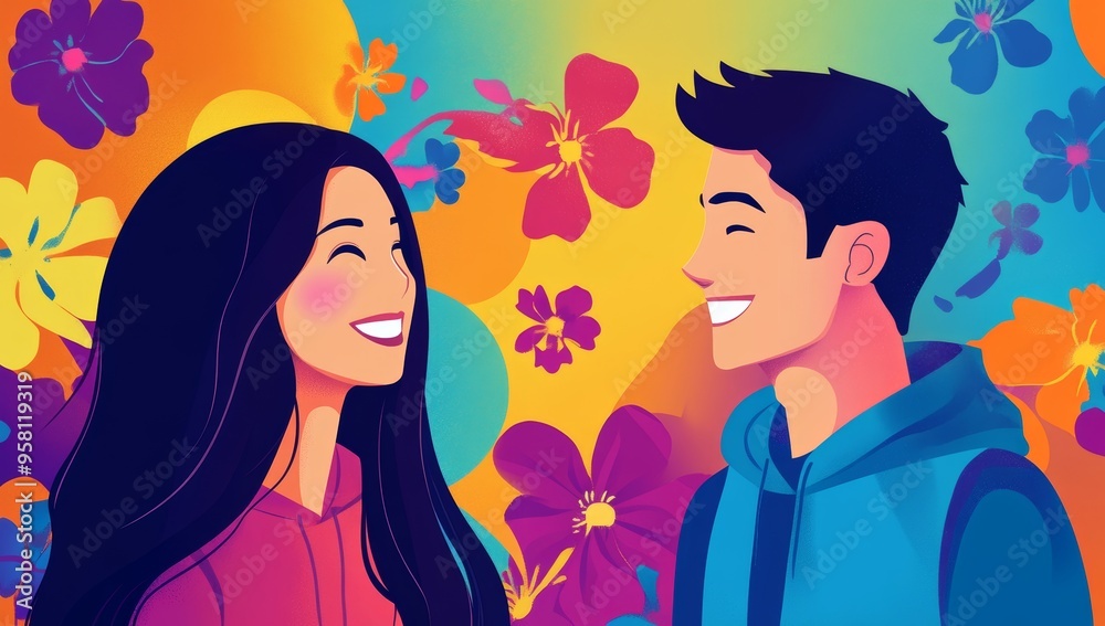An illustration of a positive affirmation cartoon featuring people, a woman, a man, smiling, colorful, and happy An illustration of a positive affirmation cartoon featuring people, a woman, a man, smiling, colorful, and happy