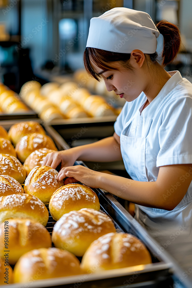 Asian woman in a white uniform works diligently on the production line at a bakery, overseeing the bread-making process. Asian woman in a white uniform works diligently on the production line at a bakery, overseeing the bread-making process.