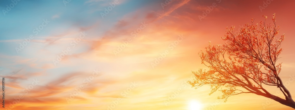 Fototapeta premium A tree in the foreground with the sun setting behind it and clouds in the sky above