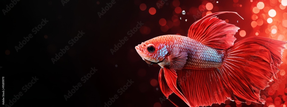 A tight shot of a red-blue fish against a black backdrop, with bubbles rising from its back A tight shot of a red-blue fish against a black backdrop, with bubbles rising from its back