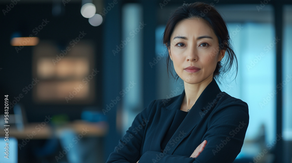 オフィスで腕組みして挑戦的な表情をしている日本人の中年女性、背景おしゃれなオフィスのボケ、日本の企業戦士 30代 40代