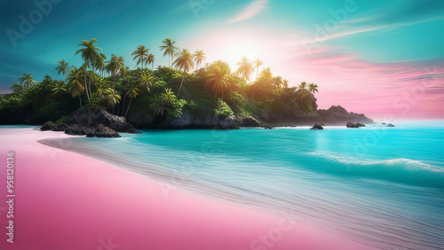 A beautiful tropical beach with tall palm trees silhouetted against a vibrant sunset sky. The ocean waves gently crash onto the shore, creating a serene paradise atmosphere.