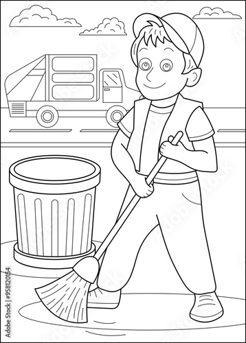 Φωτογραφία dustman trash waste coloring book page
