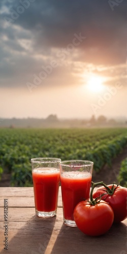 Fresh tomatoes and juice on table, field in background. Harvesting vegetables