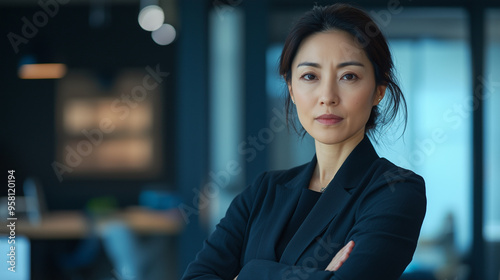 Obraz na płótnie オフィスで腕組みして挑戦的な表情をしている日本人の中年女性、背景おしゃれなオフィスのボケ、日本の企業戦士 30代 40代 w salonie