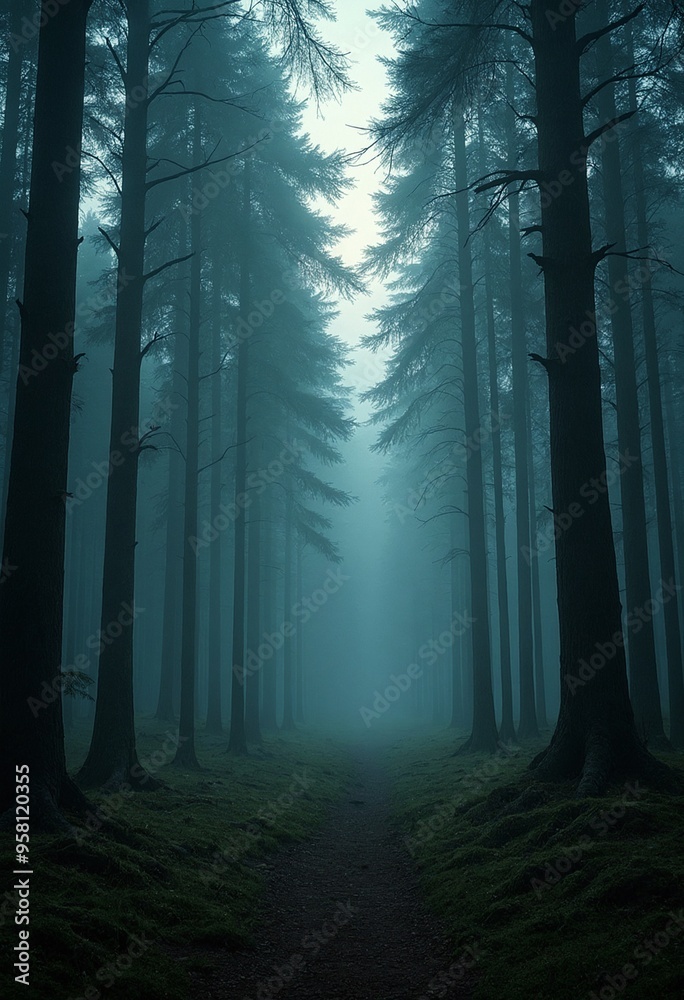 Fototapeta premium A surreal forest clearing at twilight with towering trees
