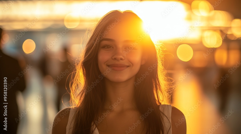 As golden sunset light bathes a bustling airport terminal, a young woman with long hair smiles gently as she looks back over her shoulder. The warm, natural light enhances its tranquil quality. As golden sunset light bathes a bustling airport terminal, a young woman with long hair smiles gently as she looks back over her shoulder. The warm, natural light enhances its tranquil quality.