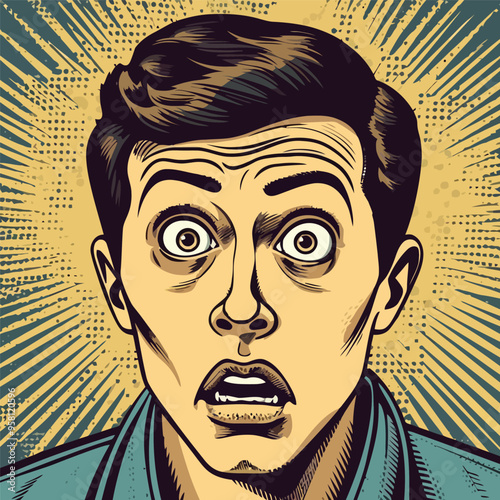 Face of an admiring or surprised young man. Retro pop art comic style. Vector illustration.