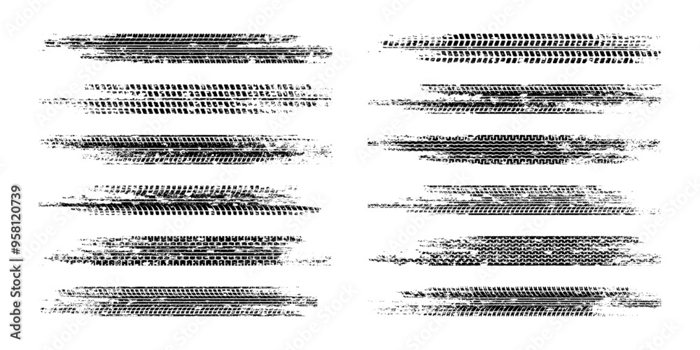 Grunge tire tracks, wheel braking marks. Truck, car or motorcycle tread pattern silhouettes. Auto race, motorsport, speed racing design element. Vector illustration Grunge tire tracks, wheel braking marks. Truck, car or motorcycle tread pattern silhouettes. Auto race, motorsport, speed racing design element. Vector illustration