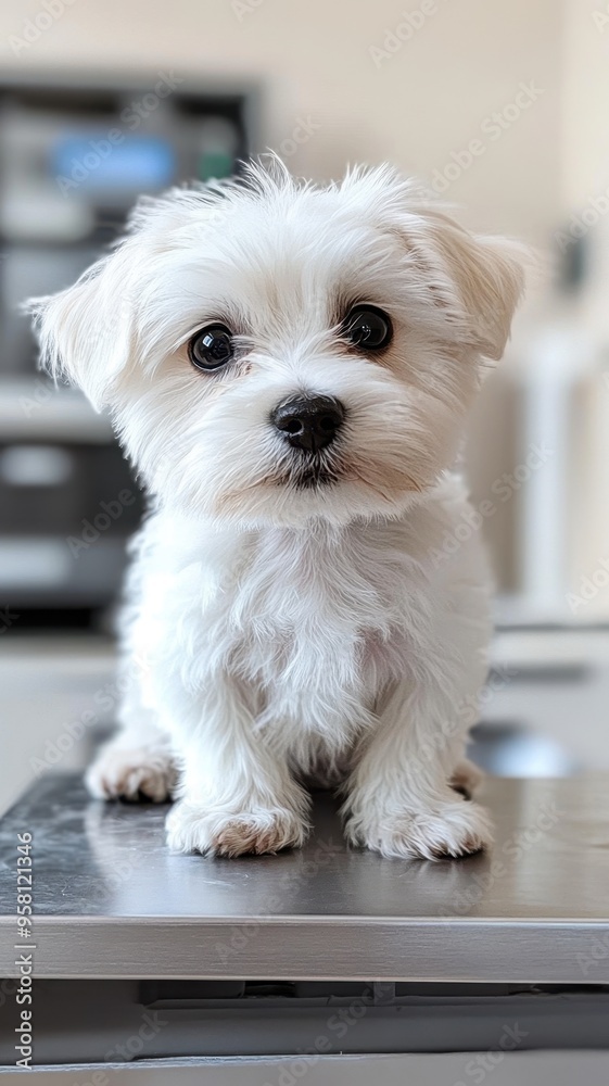 White Maltese puppy dog getting a vaccine at the veterinary doctor,Vet examining dog,Puppy lying on the examination table,veterinarian doing injection by syringe to it,sick,Health care. White Maltese puppy dog getting a vaccine at the veterinary doctor,Vet examining dog,Puppy lying on the examination table,veterinarian doing injection by syringe to it,sick,Health care.