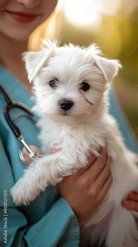White Maltese puppy dog getting a vaccine at the veterinary doctor,Vet examining dog,Puppy lying on the examination table,veterinarian doing injection by syringe to it,sick,Health care. White Maltese puppy dog getting a vaccine at the veterinary doctor,Vet examining dog,Puppy lying on the examination table,veterinarian doing injection by syringe to it,sick,Health care.