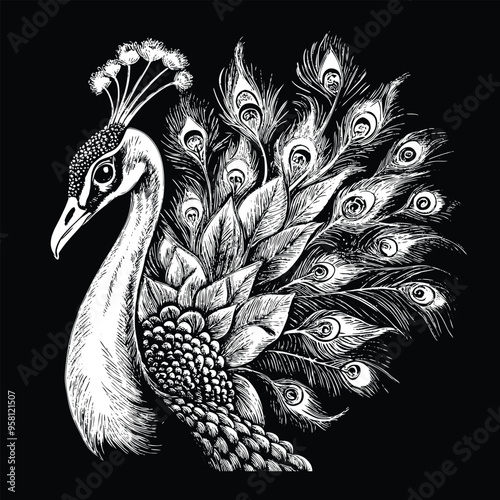 hand drawn peacock engraving vector illustration
