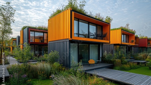 Explore modern container family homes in a picturesque neighborhood, featuring green energy solutions. Perfect for futuristic real estate concepts and advertisements.
