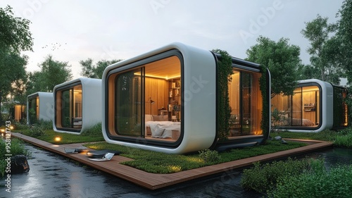 Explore modern container family homes in a picturesque neighborhood, featuring green energy solutions. Perfect for futuristic real estate concepts and advertisements.