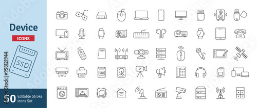 Device and Technology Line Editable Stroke Icons Set. Smart Device, Laptop PC Computer CCTV Smartphone TV Mouse Keyboard Storage Collection Vector Illustration.