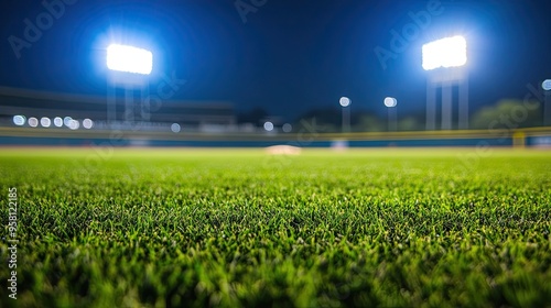 Baseball Field Stadium: Brightly lit outdoor baseball field at a stadium, with a focus on the foreground and a blurred background for a dramatic effect.