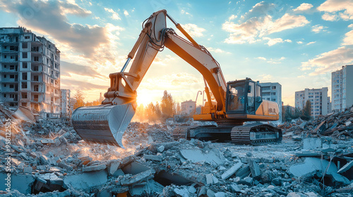 An excavator skillfully demolishes the remnants of aged structures as the warm glow of sunset bathes a modern residential area in light