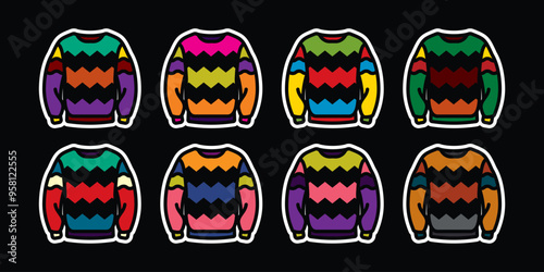 Original vector icon set in vintage style. Warm knitted sweater with a pattern.