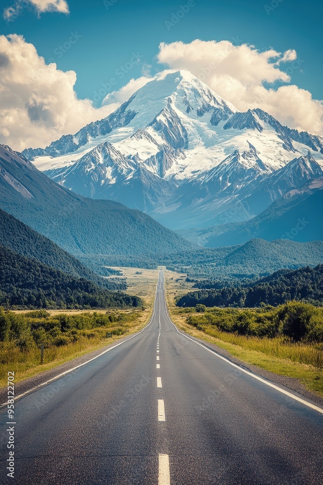 Scenic Road Leading to Snow-Capped Mountain Under Blue Sky with Fluffy Clouds in Summer Scenic Road Leading to Snow-Capped Mountain Under Blue Sky with Fluffy Clouds in Summer