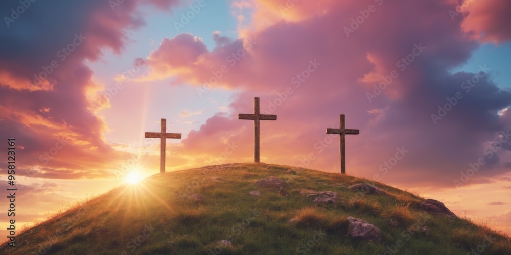 Tranquil Sunset Scene: Three Crosses on Hill with Vibrant Sky Co Tranquil Sunset Scene: Three Crosses on Hill with Vibrant Sky Co