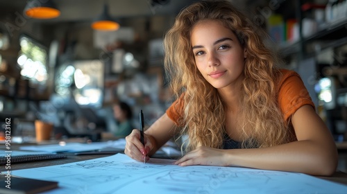 Hispanic young woman working on a creative project, sketching ideas on paper in a stylish workspace