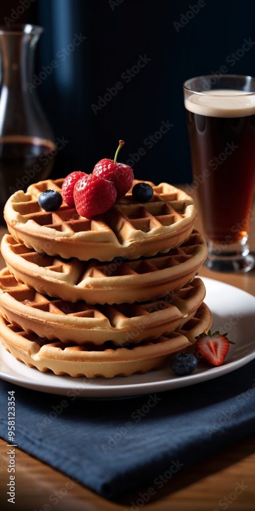 Breakfast table. Waffles with berries on plate. Breakfast table. Waffles with berries on plate.