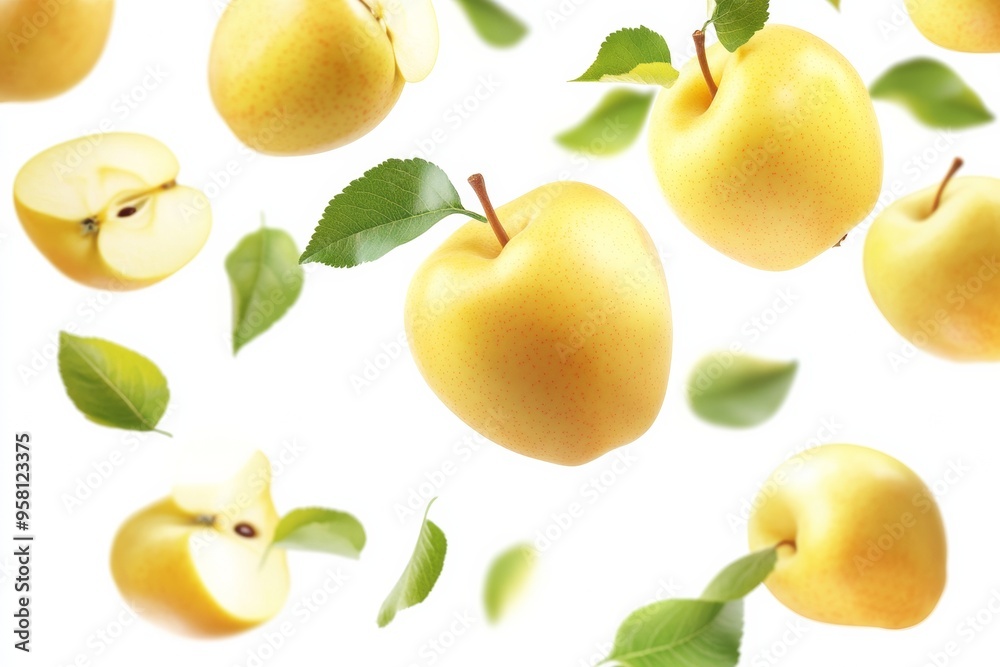 Falling yellow apples with leaves on a white background Falling yellow apples with leaves on a white background