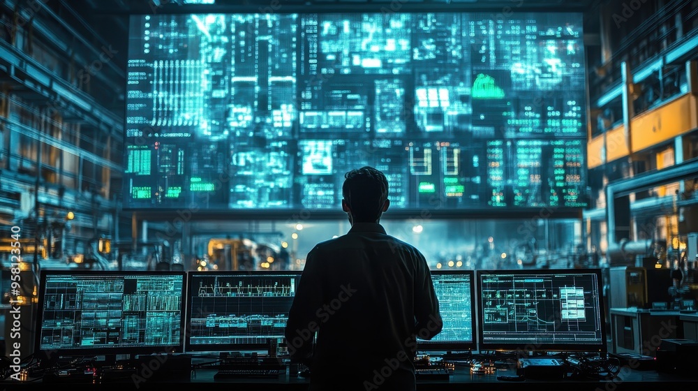 Technician Monitoring Advanced Data Center with Multiple Screens and Digital Interfaces Technician Monitoring Advanced Data Center with Multiple Screens and Digital Interfaces