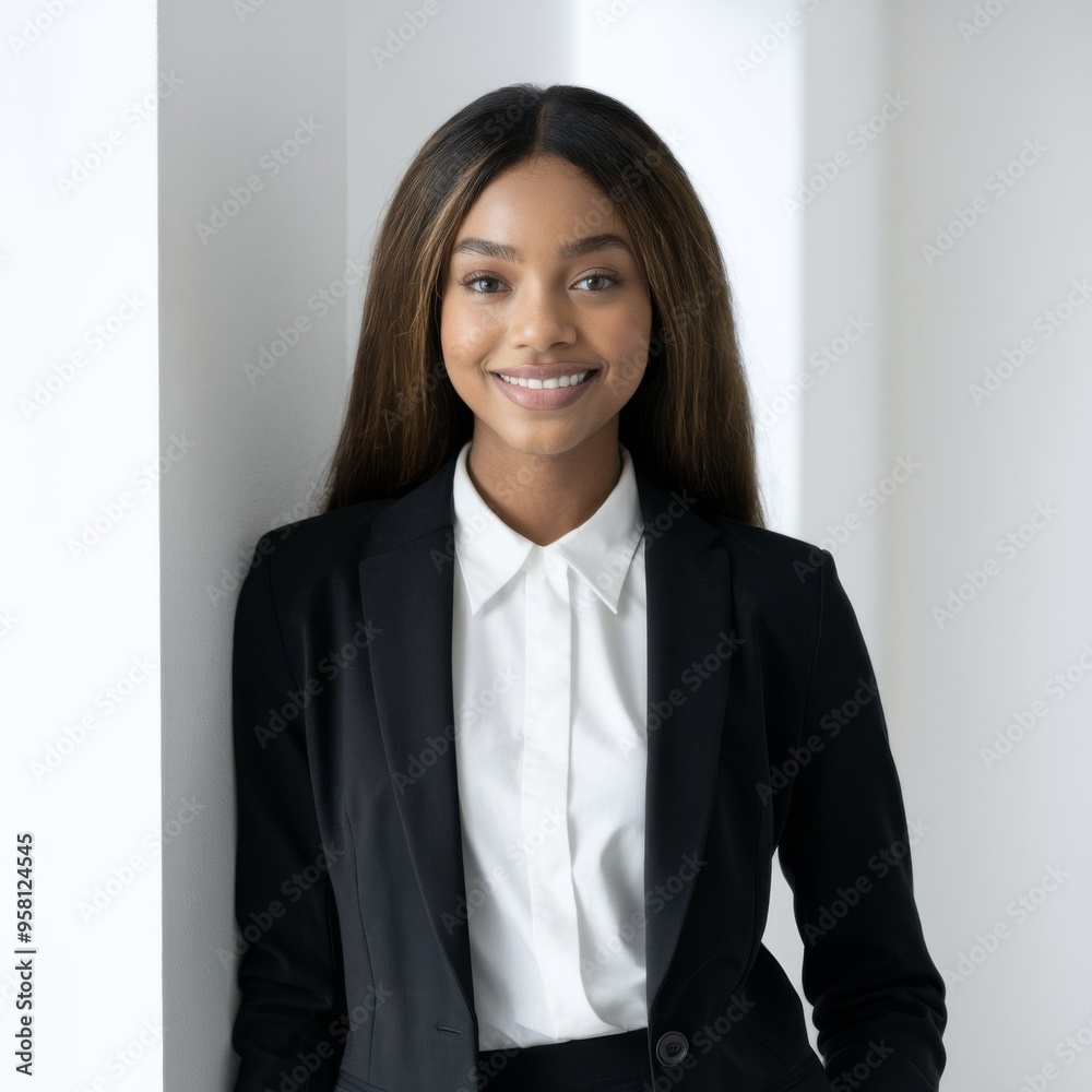 Young Black woman with long straight hair smiling in a black suit jacket and white shirt leaning against a white wall in a bright office setting for a professional business portrait Young Black woman with long straight hair smiling in a black suit jacket and white shirt leaning against a white wall in a bright office setting for a professional business portrait