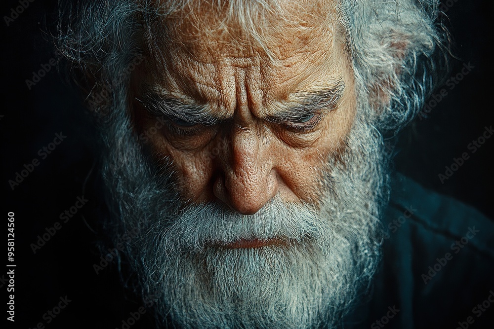 Close-up of an older man looking down with angry and tired expression.