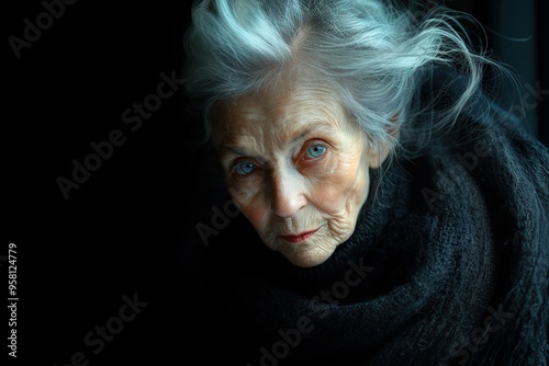 Close-up of an older woman with blue eyes looking at the camera wrapped in a halo of mystery.