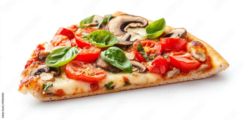 Slice of Pizza with Fresh Tomatoes and Basil, Close-Up, Tomato, Basil, Food Photography