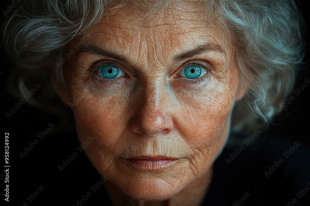 Close-up of a middle-aged woman looking at a firm and confident wooden camera. Close-up of a middle-aged woman looking at a firm and confident wooden camera.