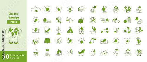 Green Energy Editable Stroke Icons Set. Concept of Green Technology, Climate Change, CO2 Neutral, Environmental Issues, Air and Water Quality Symbols in Vector Illustration. Line Icons Set.