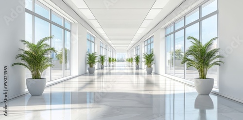 This perspective shows a clean white hallway with windows and white walls, as well as light reflected off the floor.