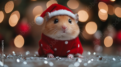 Hamster wearing christmas costume in copyspace background. christmas concept. Lovely pet concept.