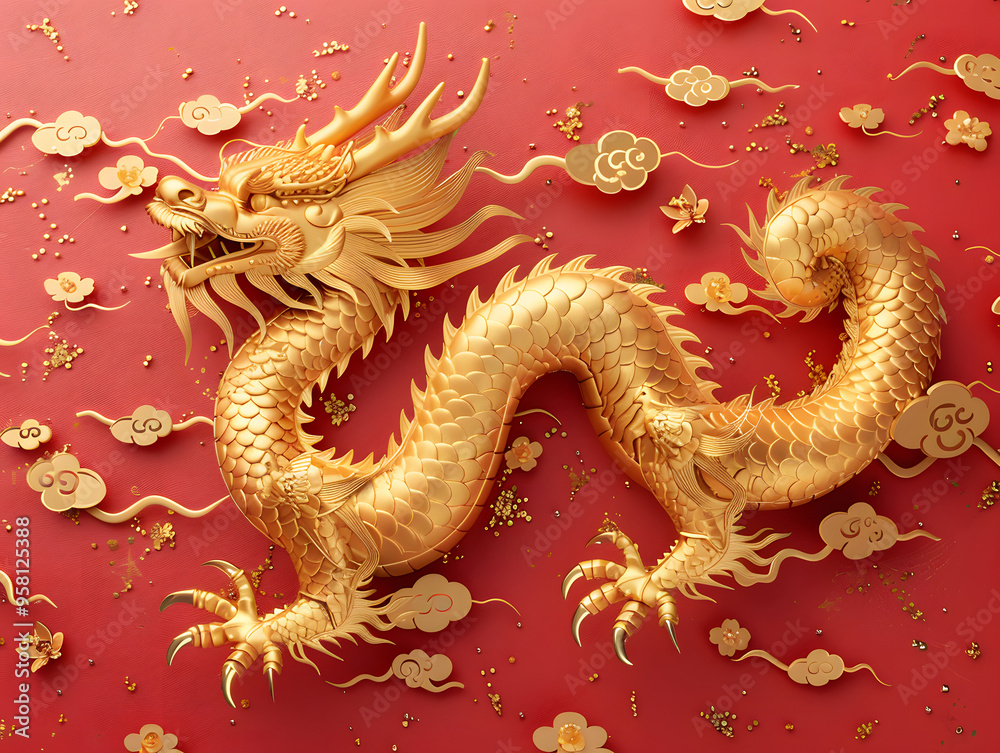 Fototapeta premium Golden Dragon on red background