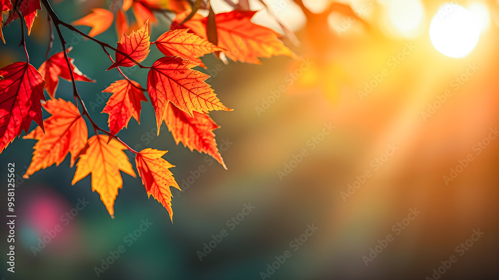 Beautiful colorful leaves in autumn sunny day in foreground and blurry background. Seasonal nature background, blur bokeh forest trees, fall foliage. Relaxing tranquil peaceful natural pattern. AI gen Beautiful colorful leaves in autumn sunny day in foreground and blurry background. Seasonal nature background, blur bokeh forest trees, fall foliage. Relaxing tranquil peaceful natural pattern. AI gen