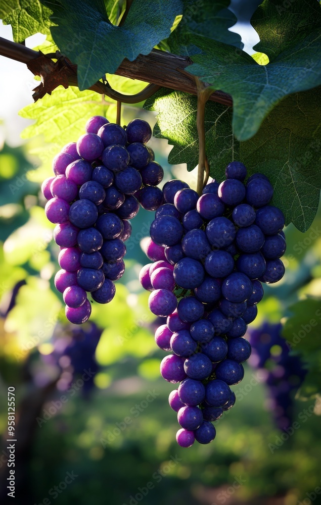A close-up of grapes hanging from a vine is highlighted A close-up of grapes hanging from a vine is highlighted