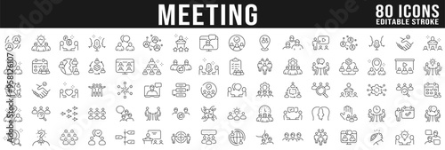 Big set of meeting related line icons. Conference, team, group, presentation, teamwork etc.