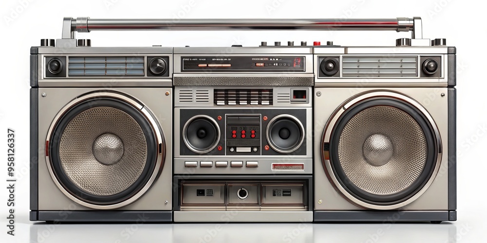 Obraz premium The nostalgic relic of the 1980s comes alive in this vintage boombox photograph, its retro aesthetic evoking memories of mixtape trading and endless tapes.