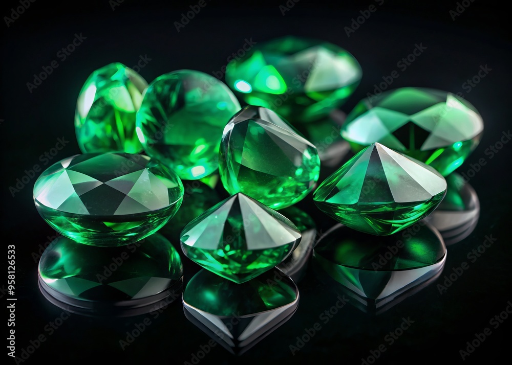 Fototapeta premium Emerald green gems glimmer on a sleek black surface, their polished facets reflecting the light with vibrant intensity.