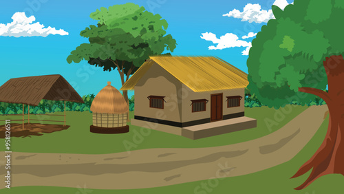 
Village road vector.Rural village clay hut with roof made with straw. 2d cartoon background illustration